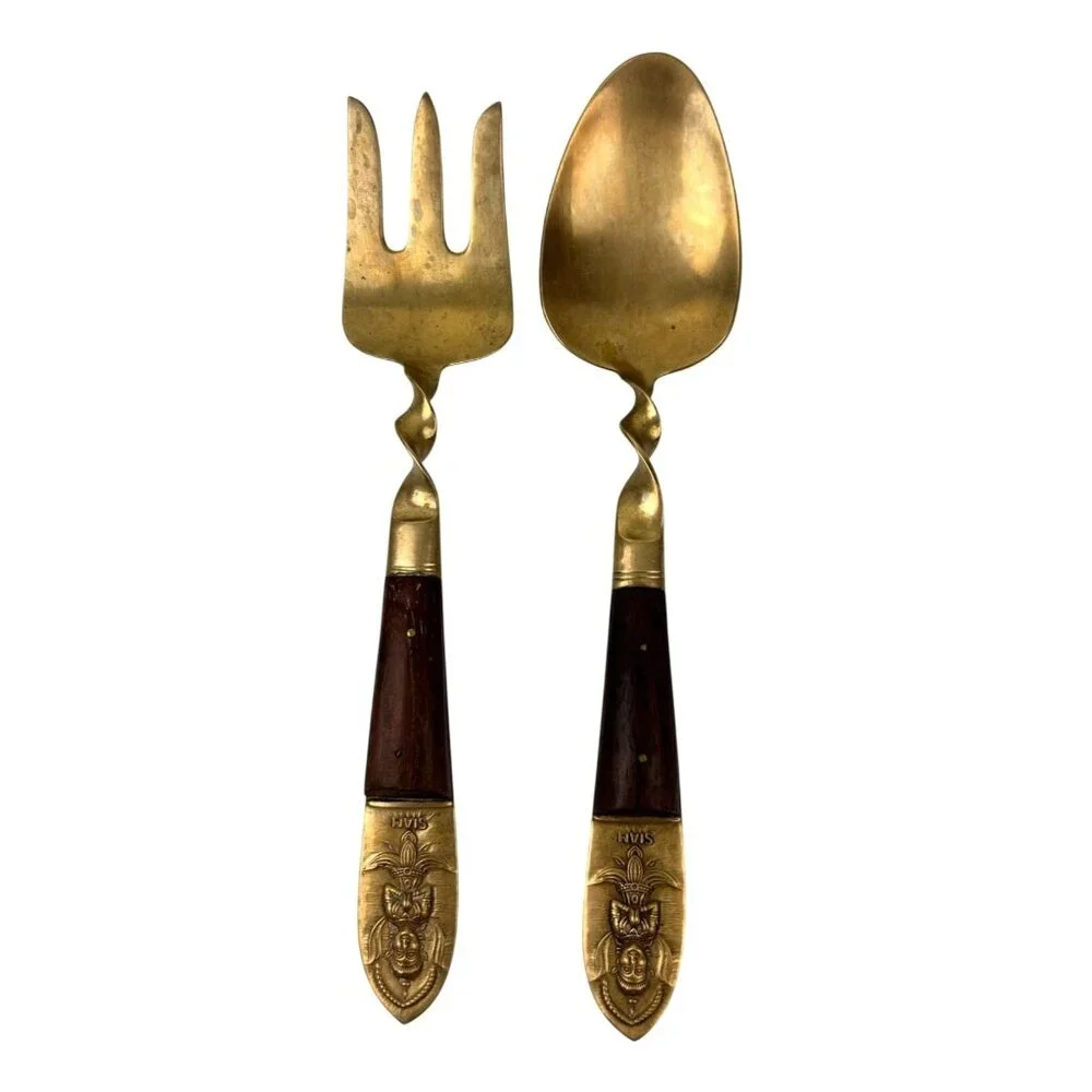 MCM Siam Gold Tone Serving Fork & Spoon Wood Handle Twist Buddha Unique Vintage